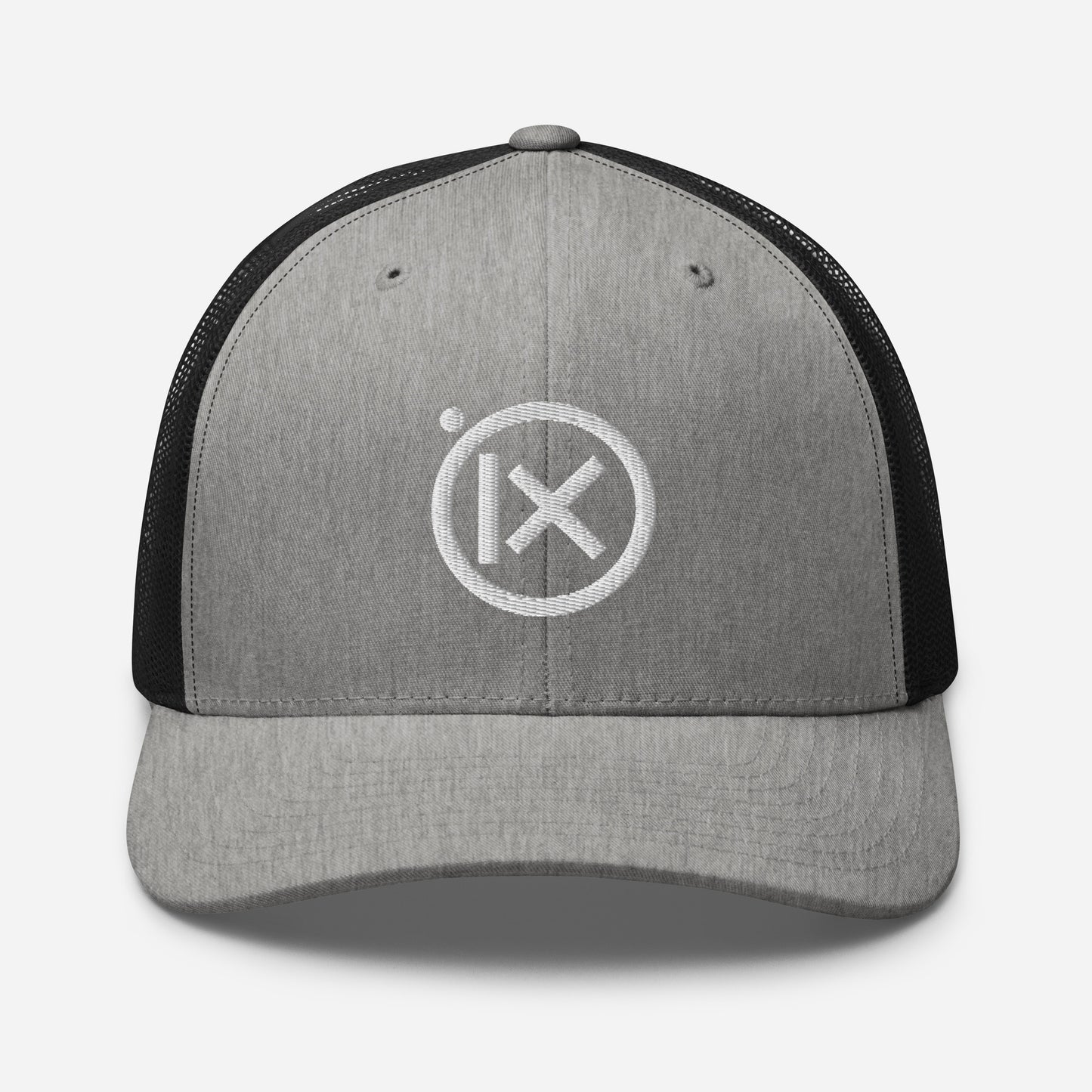 Trucker snapback cap with heather gray front, black mesh back, and white logo