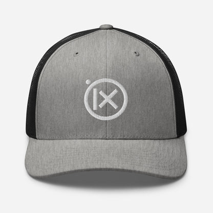 Trucker snapback cap with heather gray front, black mesh back, and white logo