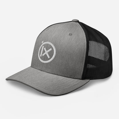 Trucker snapback cap with heather gray front and black mesh side panels