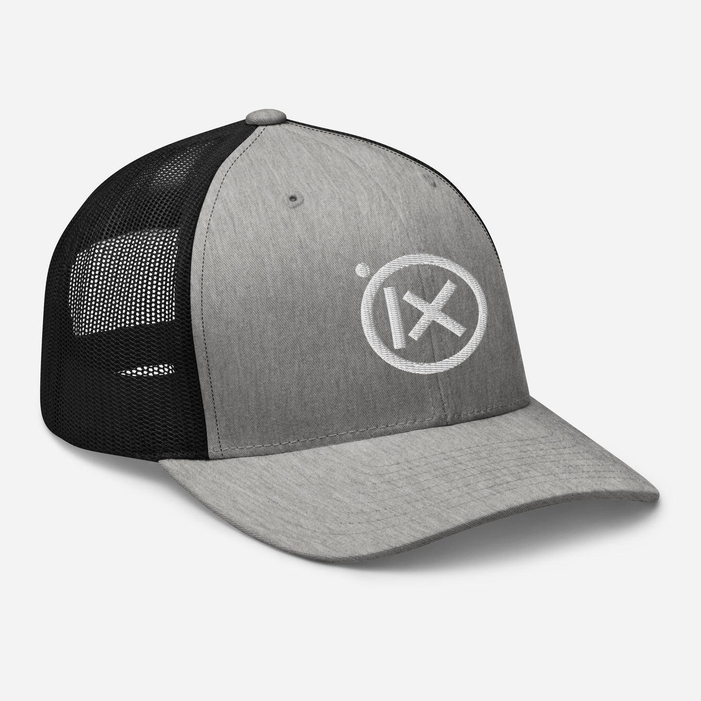 Trucker snapback cap with heather gray front, black mesh sides, and white logo patch