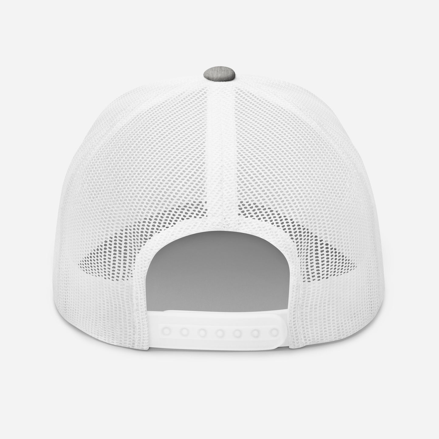 Retro trucker snapback cap in white with snapback strap and open mesh panels on back