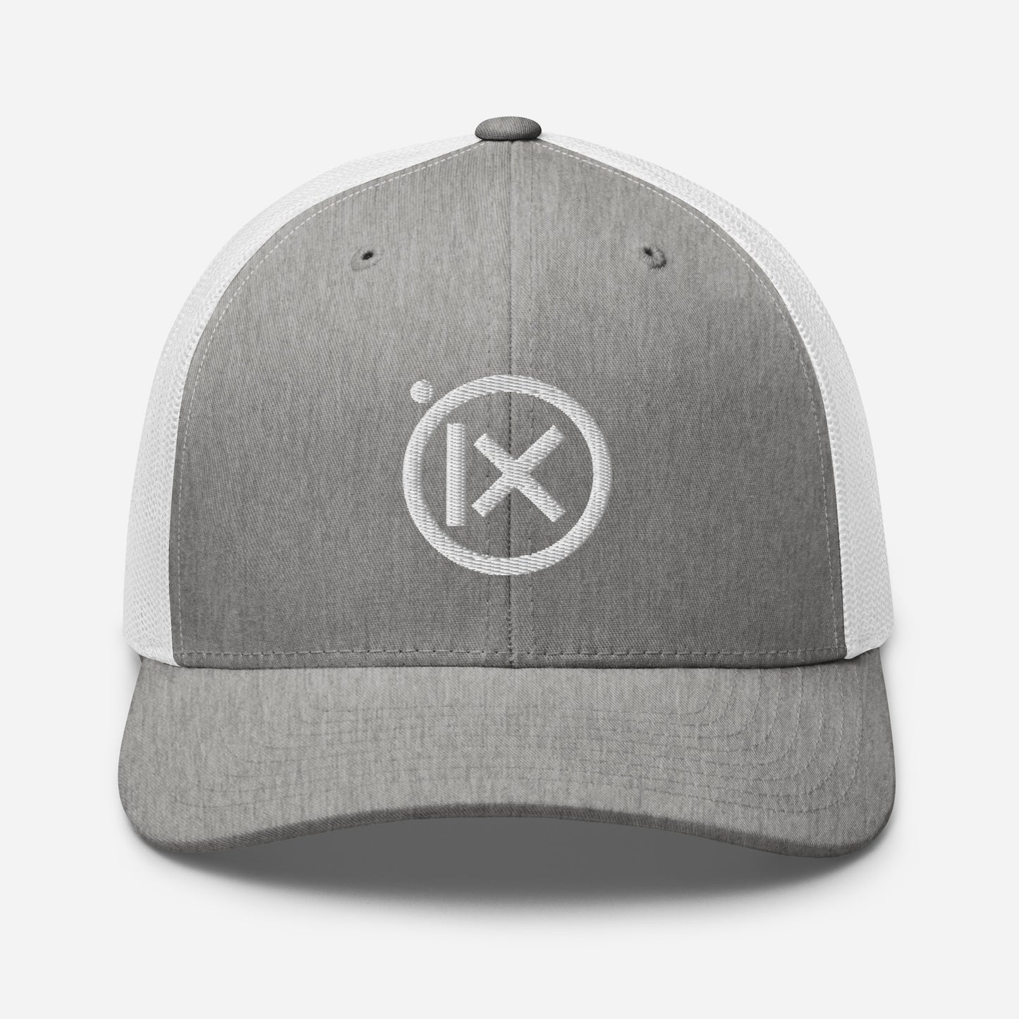 Retro trucker snapback cap in heather gray with white mesh and round embroidered logo on front
