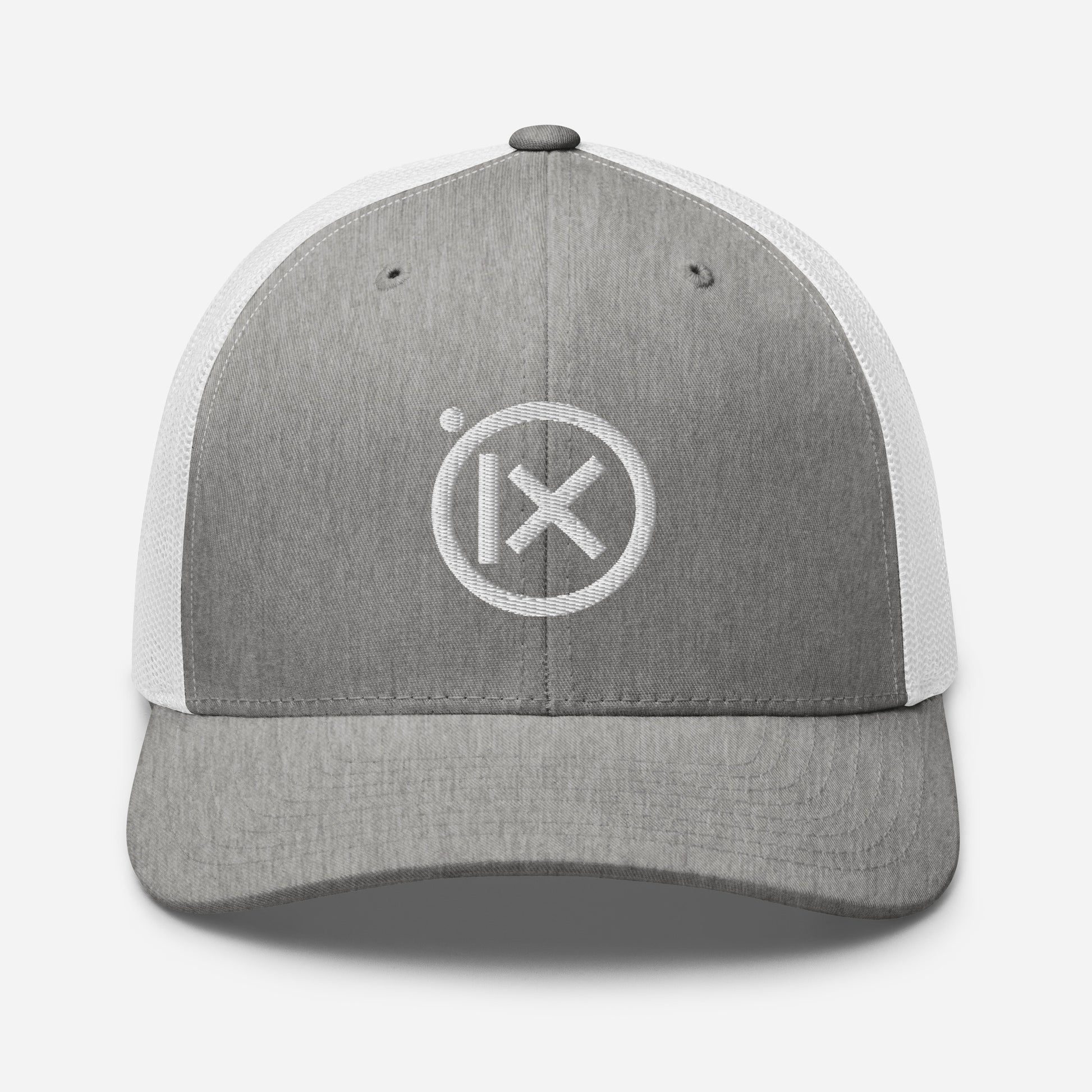 Retro trucker snapback cap in heather gray with white mesh and round embroidered logo on front