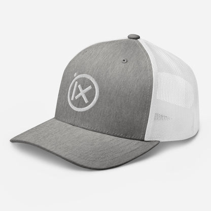Retro trucker snapback cap in heather gray with white mesh and round embroidered logo on front