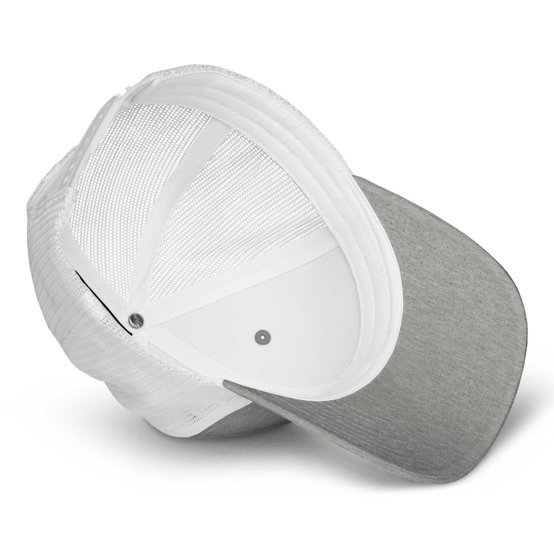 Retro trucker snapback cap in white with textured mesh back and snapback button