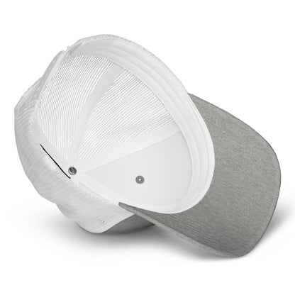 Retro trucker snapback cap in white with textured mesh back and snapback button