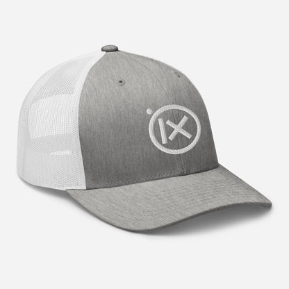 Retro trucker snapback cap in heather gray with white mesh and round embroidered logo on front