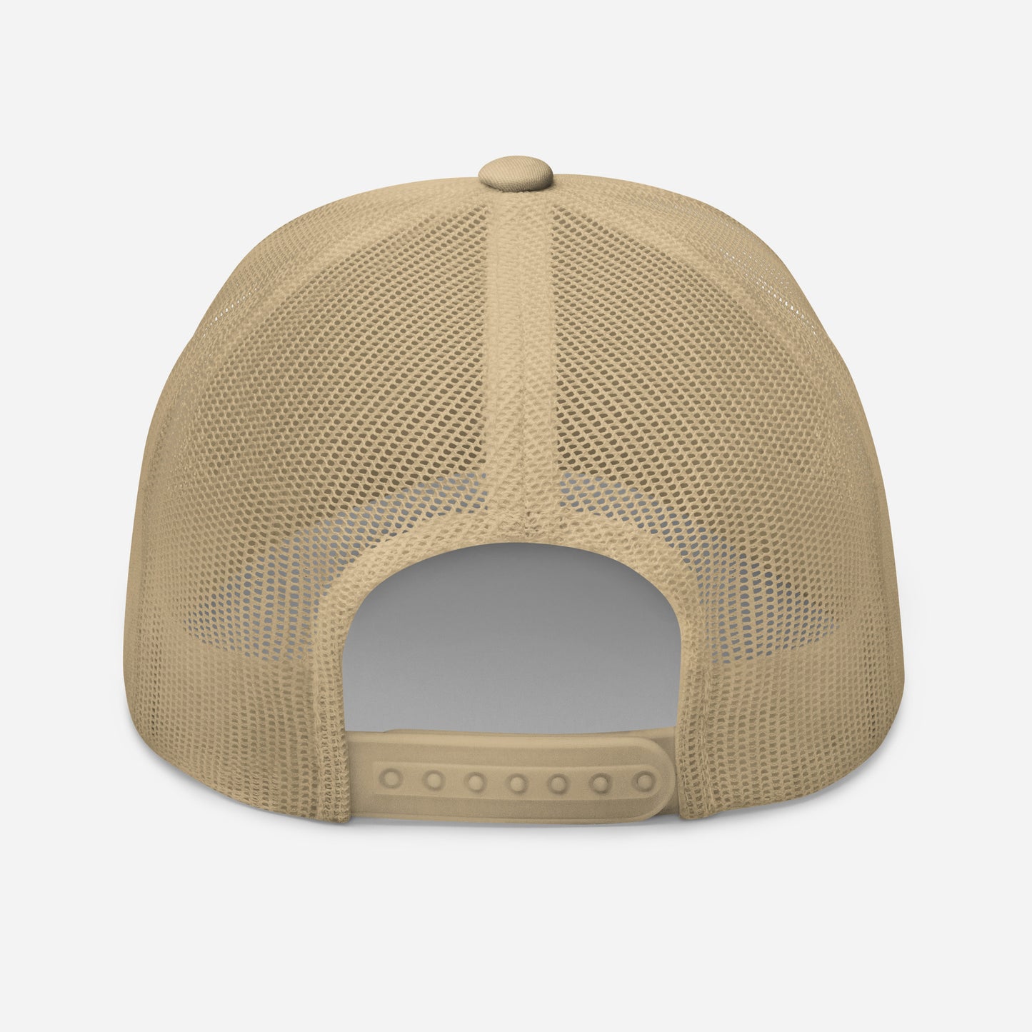 Trucker snapback cap in tan with mesh back, tan adjustable strap and open front panel