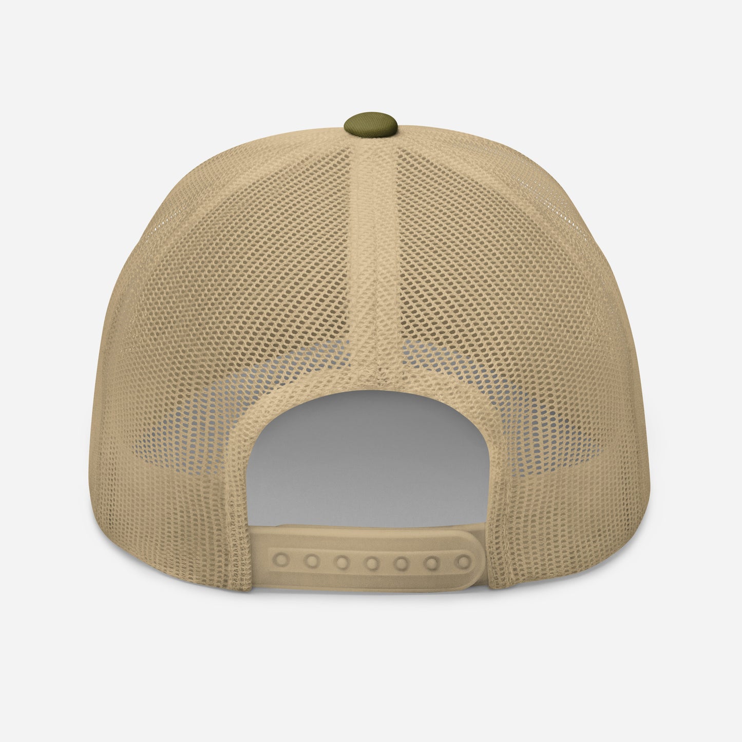 Trucker snapback cap with tan mesh back and matching green button detail