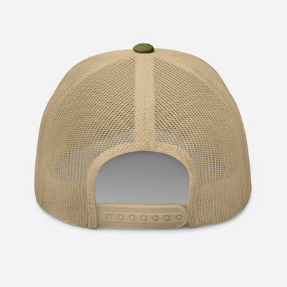 Trucker snapback cap with tan mesh back and matching green button detail