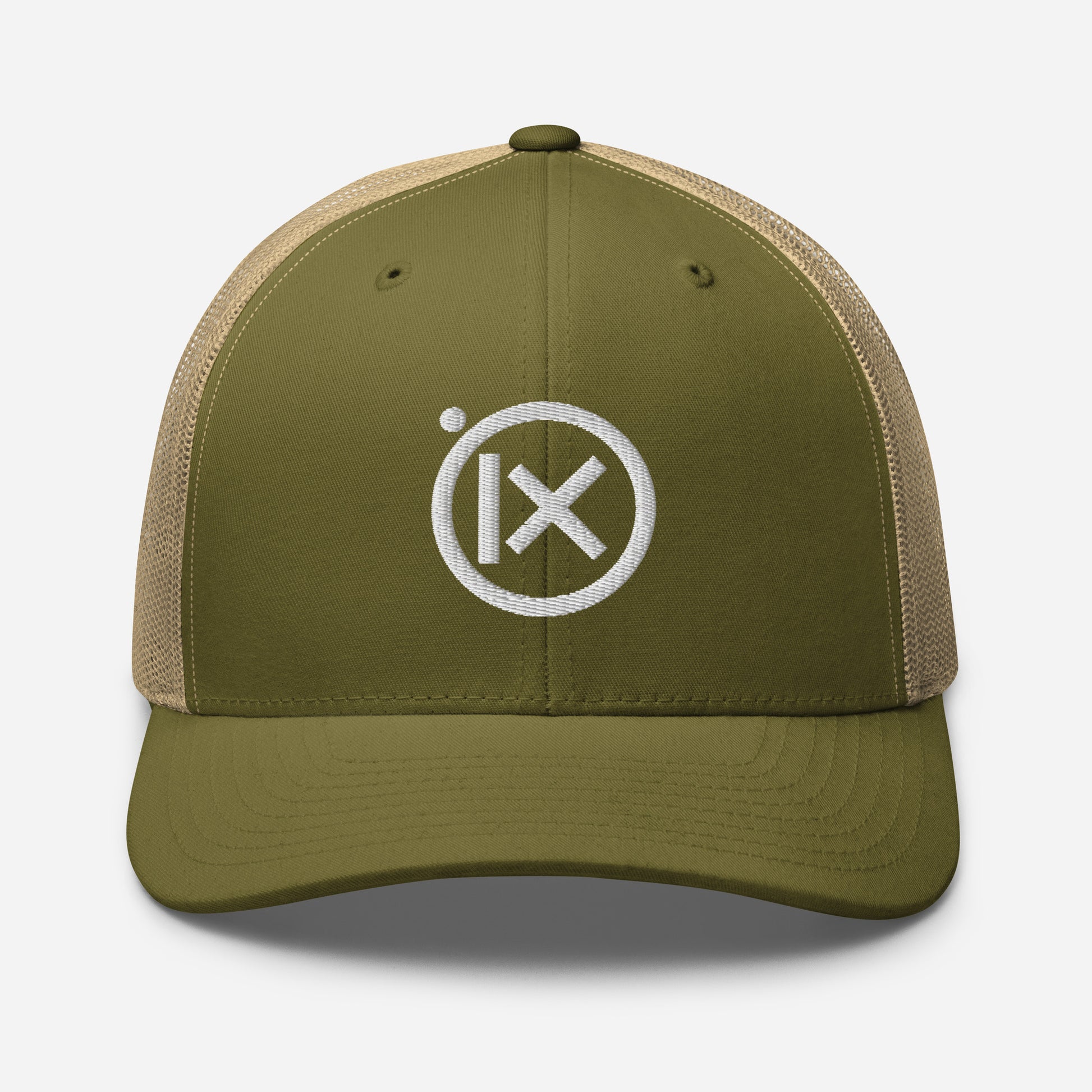 Trucker snapback cap in olive green with tan mesh and white circular logo badge