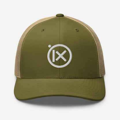 Trucker snapback cap in olive green with tan mesh and white circular logo badge