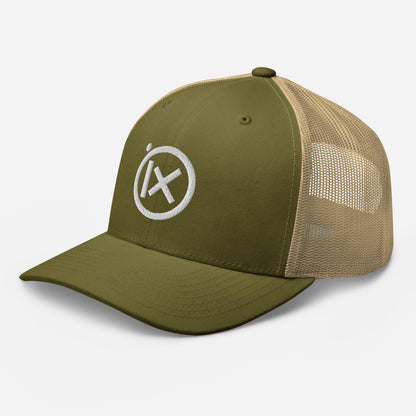 Trucker snapback cap with olive green front, tan mesh sides, and white logo badge