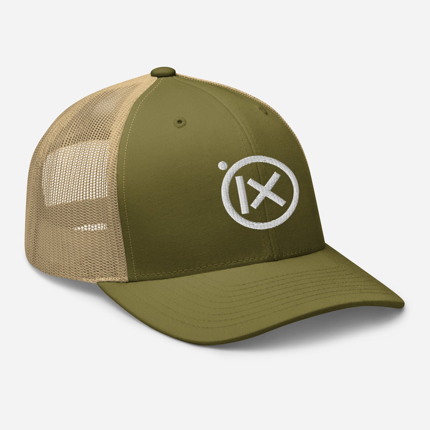 Trucker snapback cap with olive green panel, tan mesh sides, and white circular logo badge