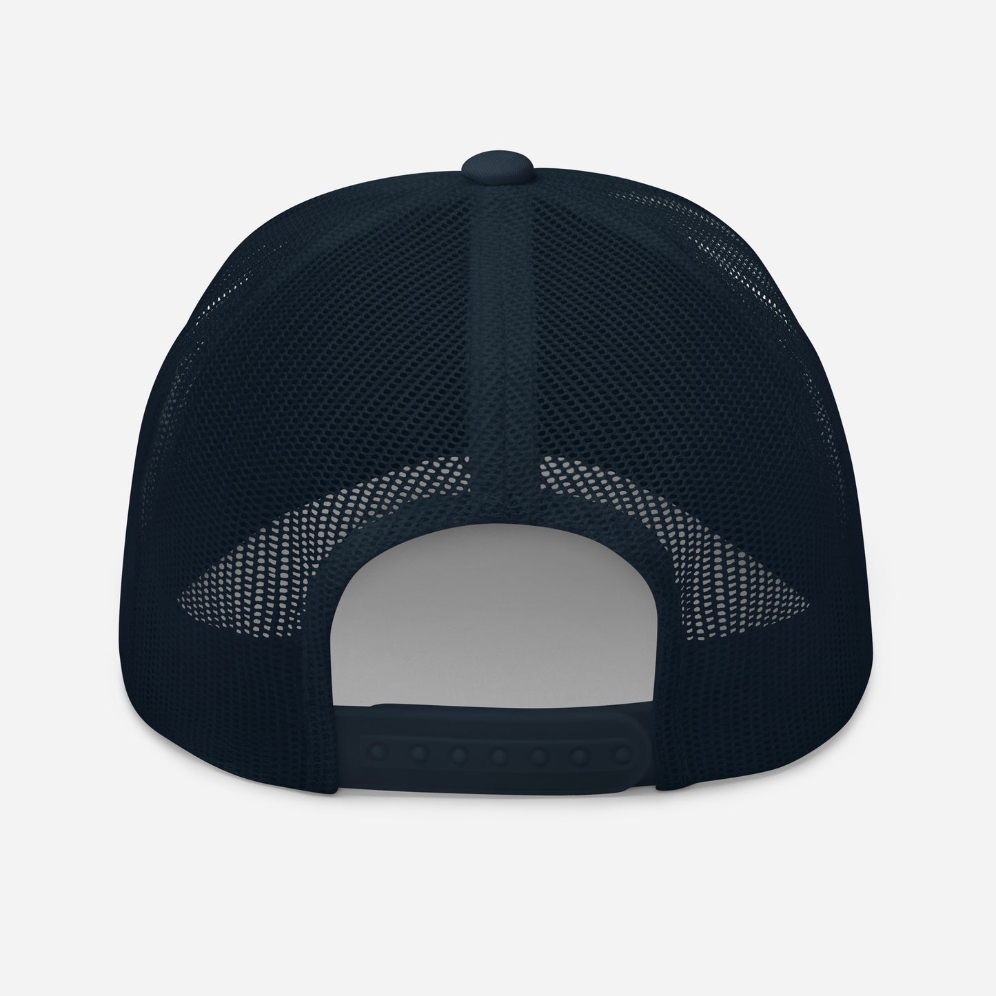 Trucker snapback cap with dark navy mesh back panel and adjustable strap