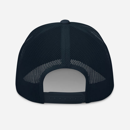 Trucker snapback cap with dark navy mesh back panel and adjustable strap