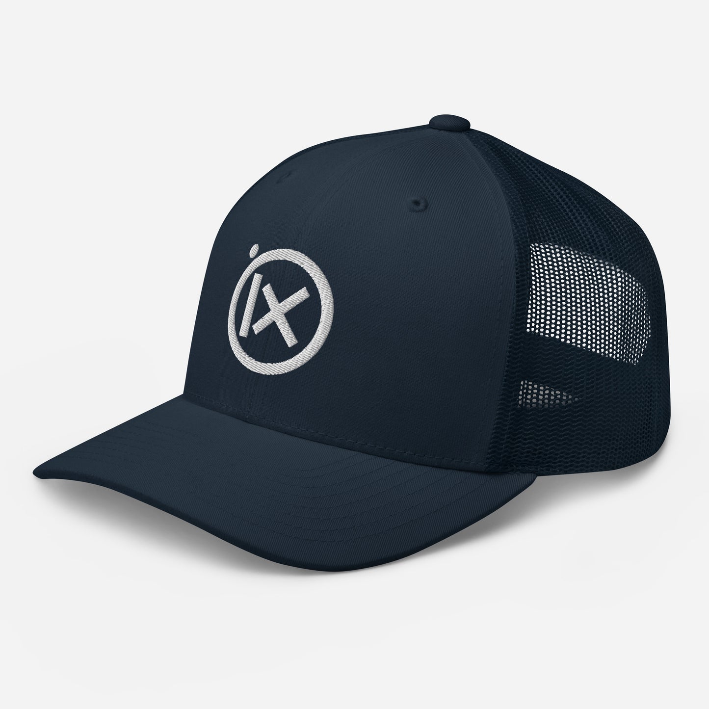 Trucker snapback cap with dark navy front, dark mesh sides, and white logo badge