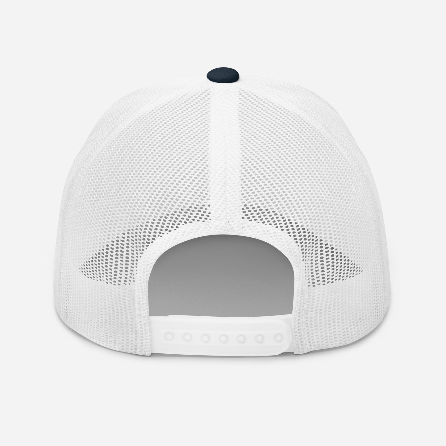 White trucker snapback cap with dark top button and mesh back panels