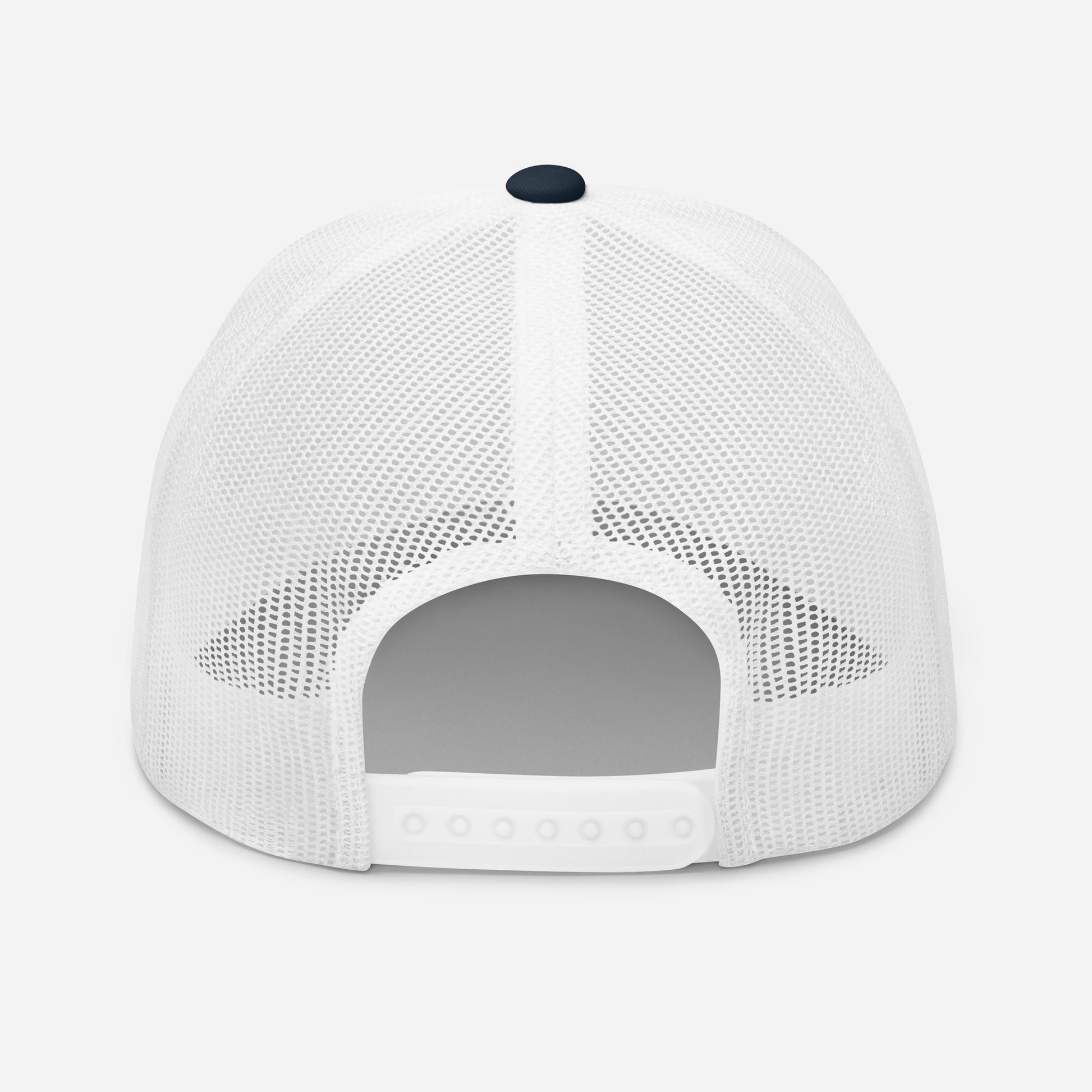 White trucker snapback cap with dark top button and mesh back panels