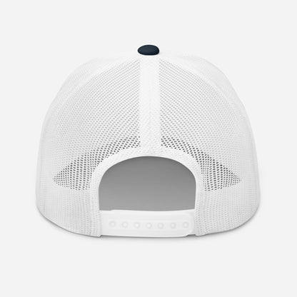 White trucker snapback cap with dark top button and mesh back panels