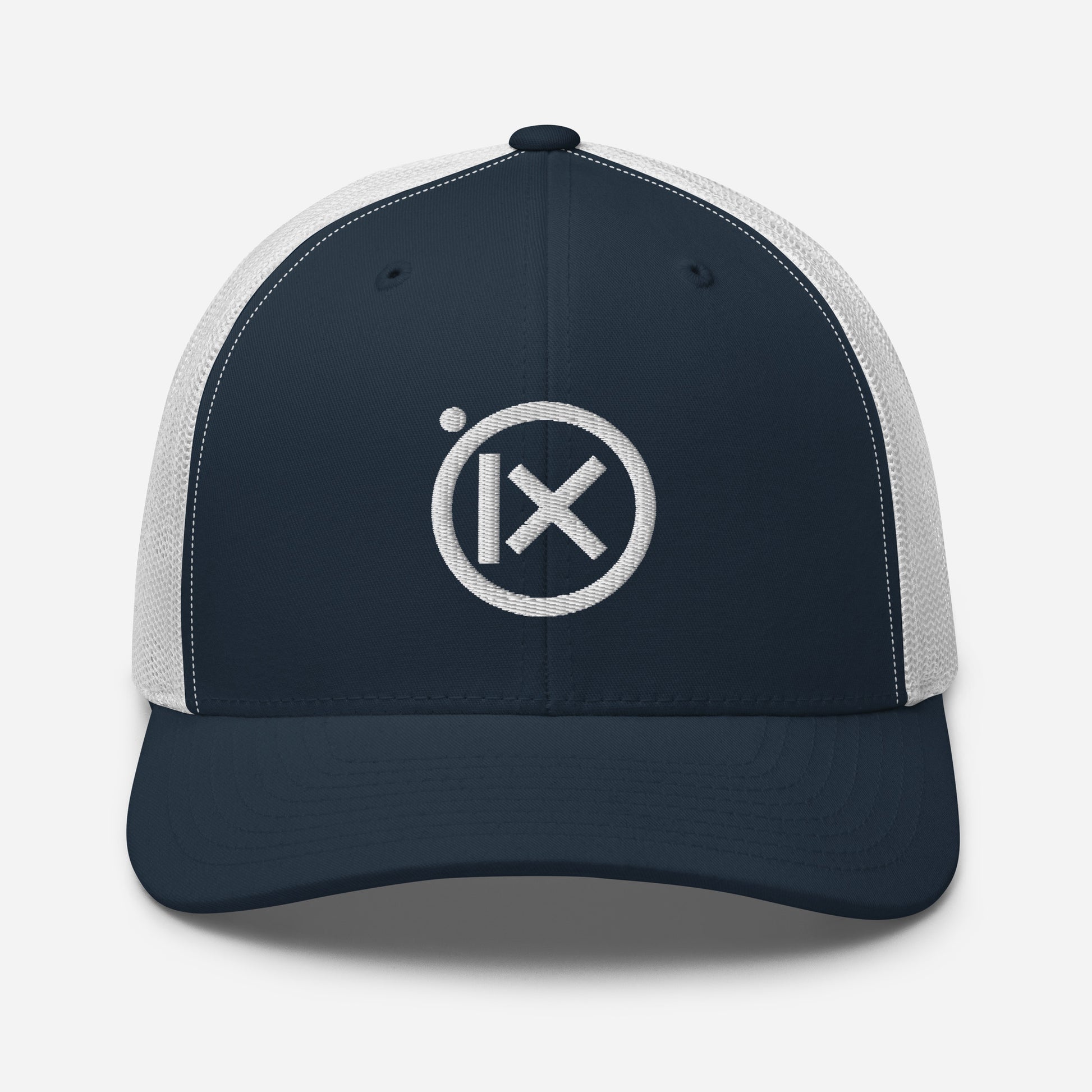 Navy trucker snapback cap with circular iX logo and white mesh side panels