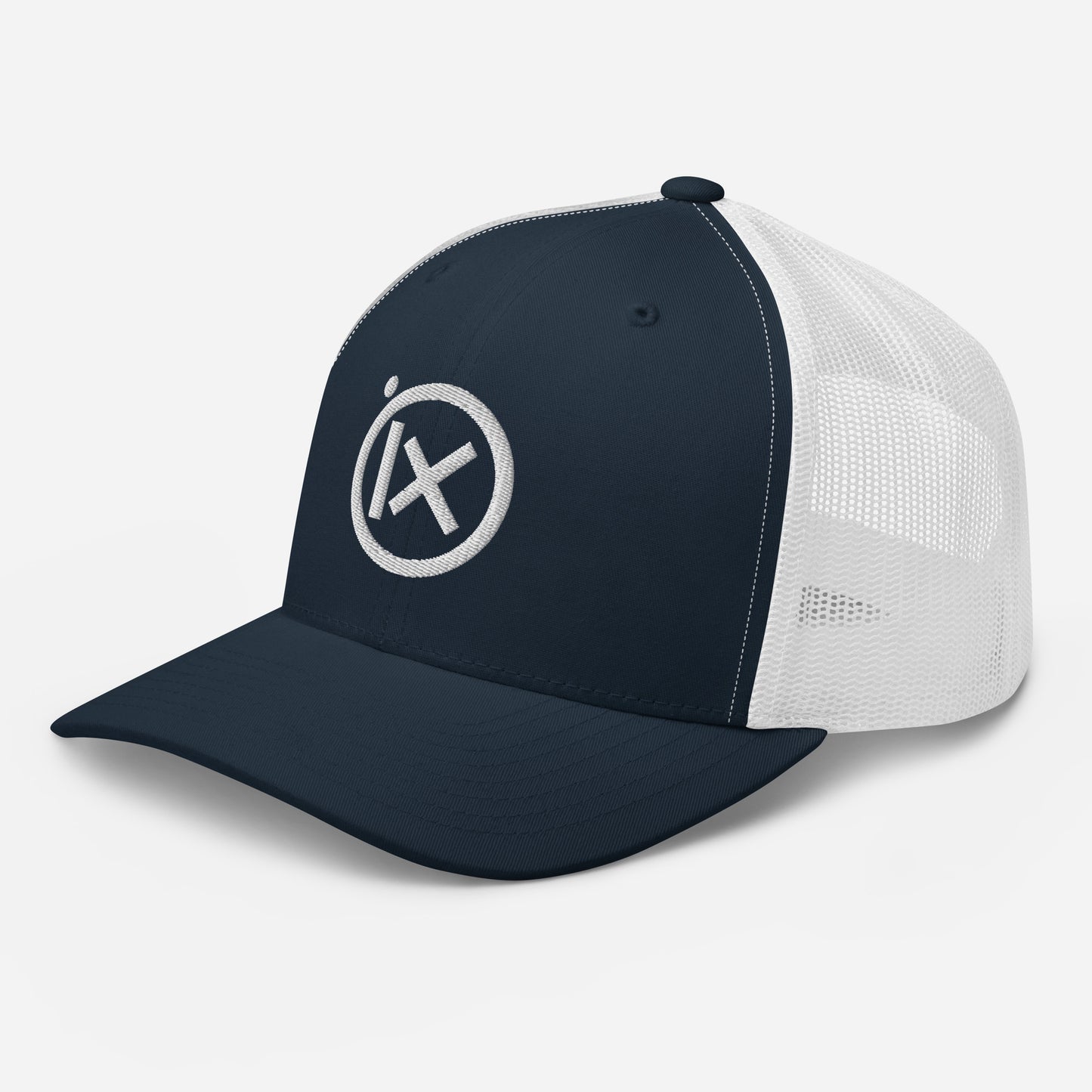Navy trucker snapback cap with circular iX logo and white mesh right side panel