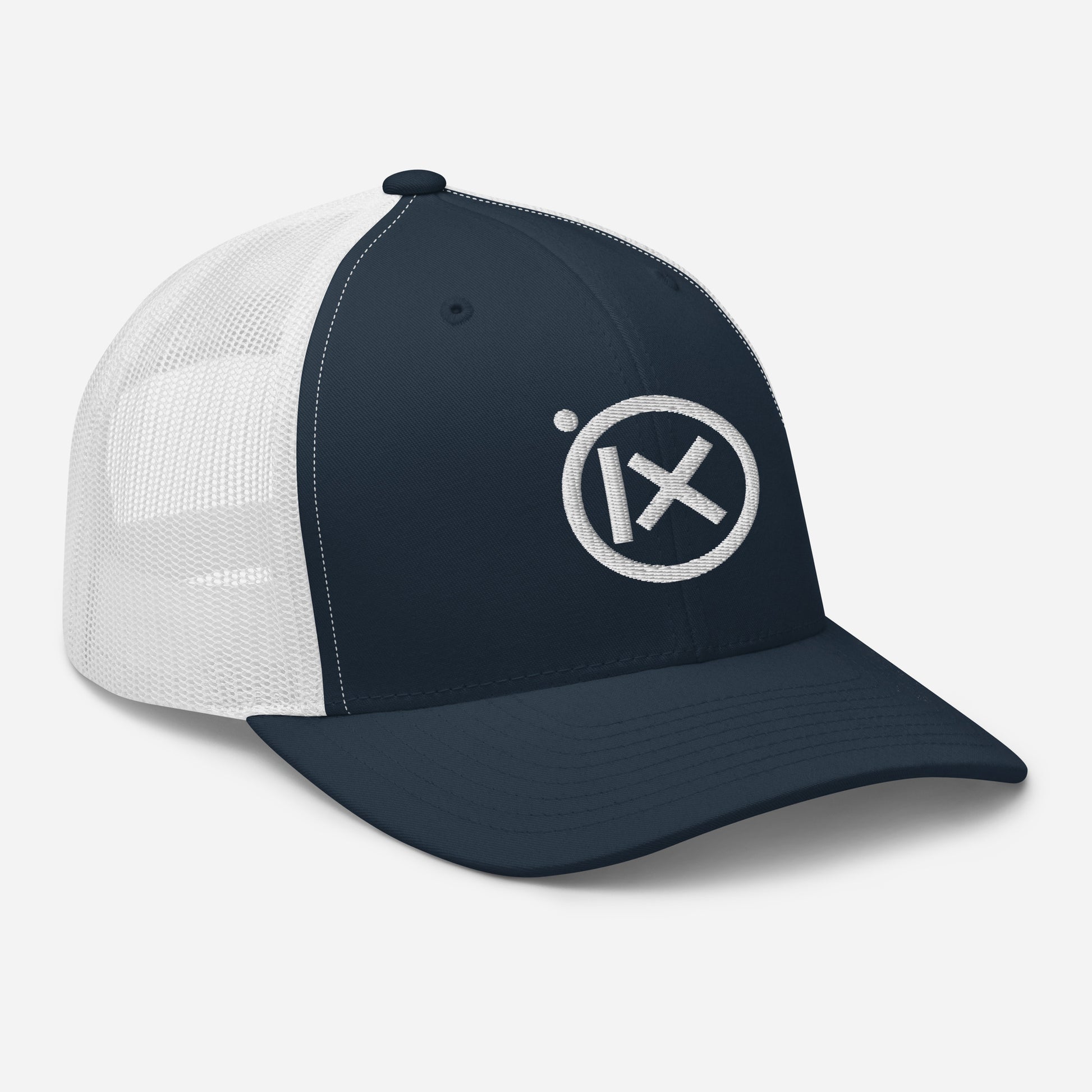 Navy trucker snapback cap with circular iX logo and white mesh side panels