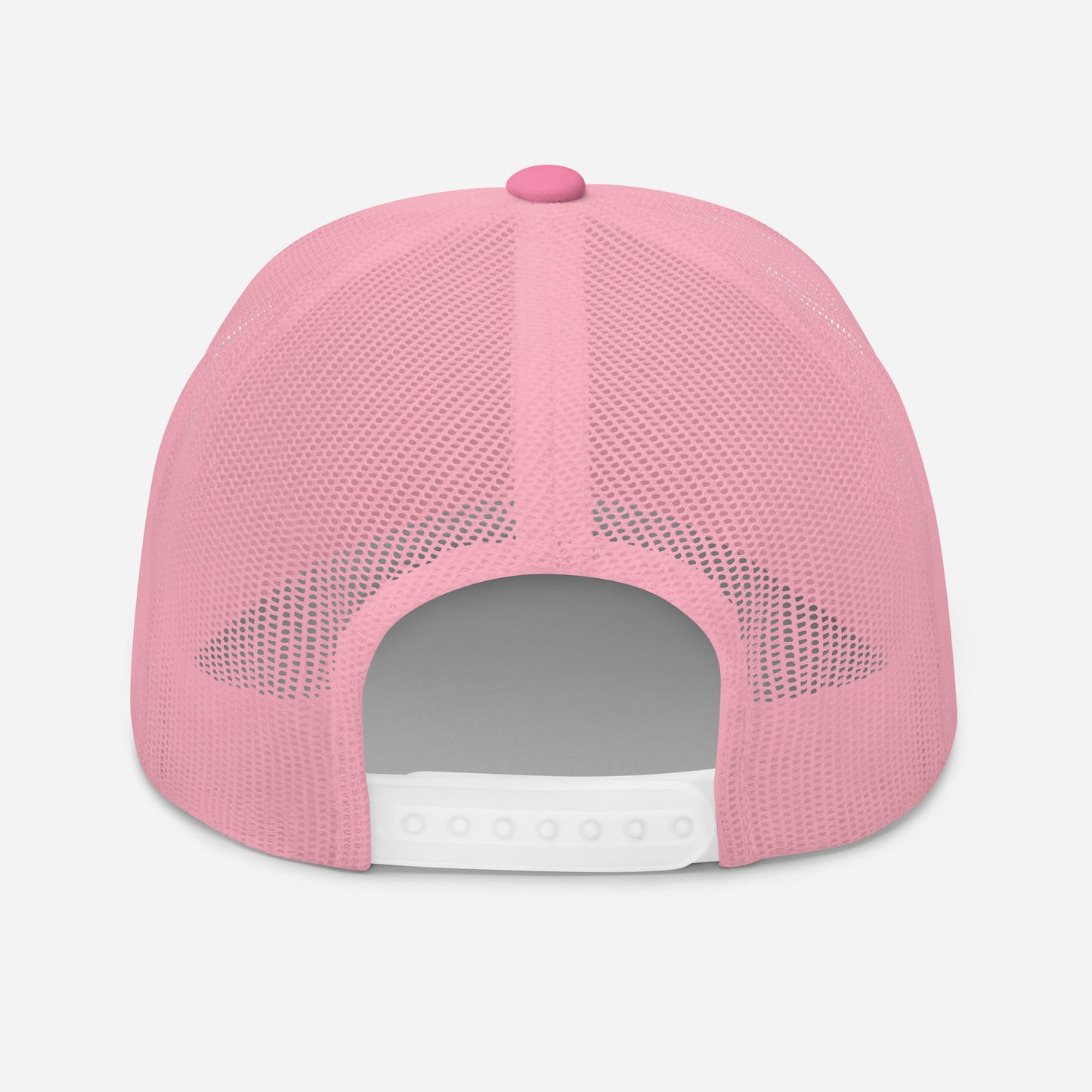 Pink trucker snapback cap with pink mesh back and white eyelet-style adjustable strap