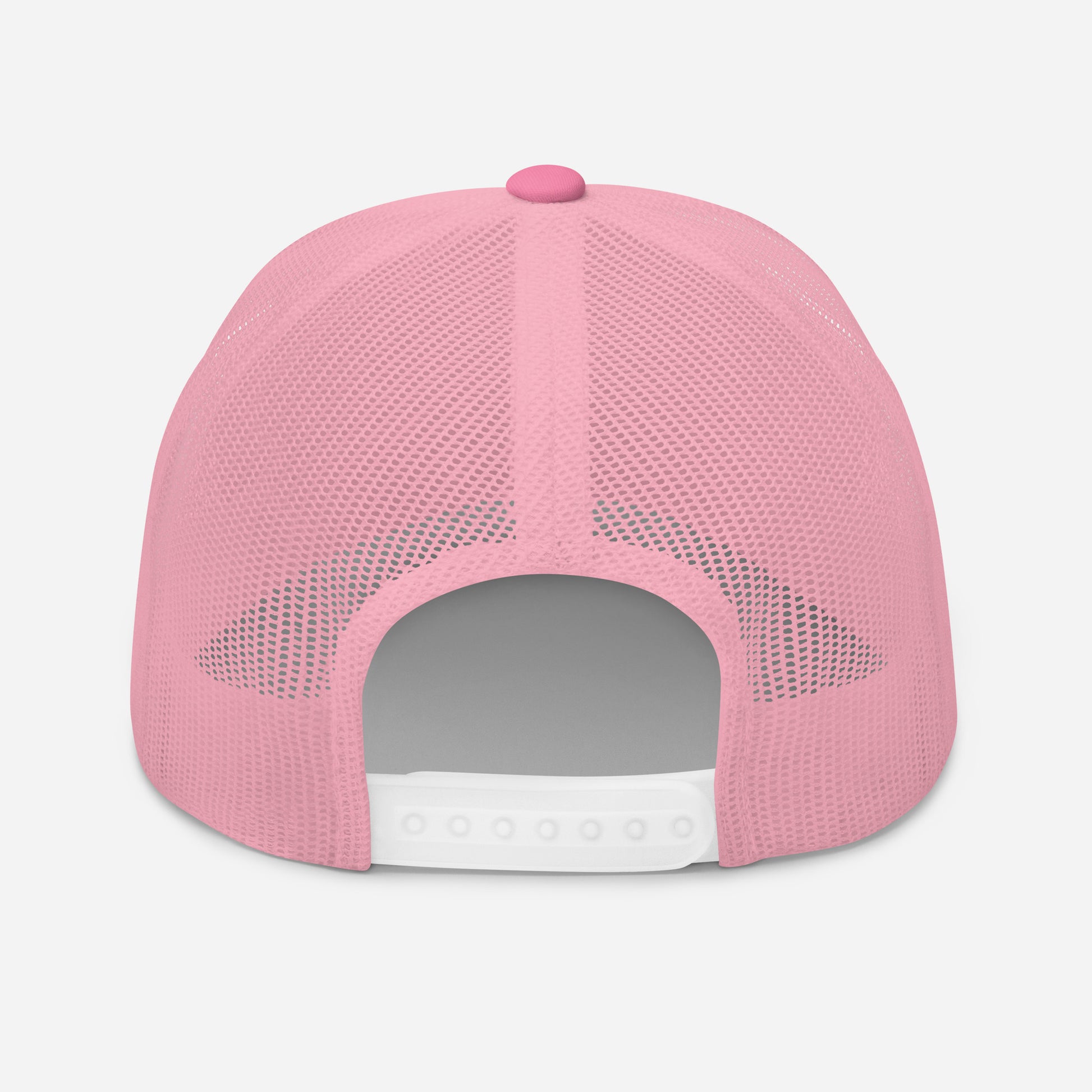 Pink trucker snapback cap with pink mesh back and white eyelet-style adjustable strap