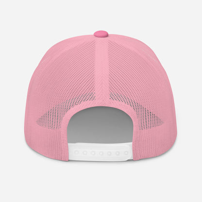 Pink trucker snapback cap with pink mesh back and white eyelet-style adjustable strap