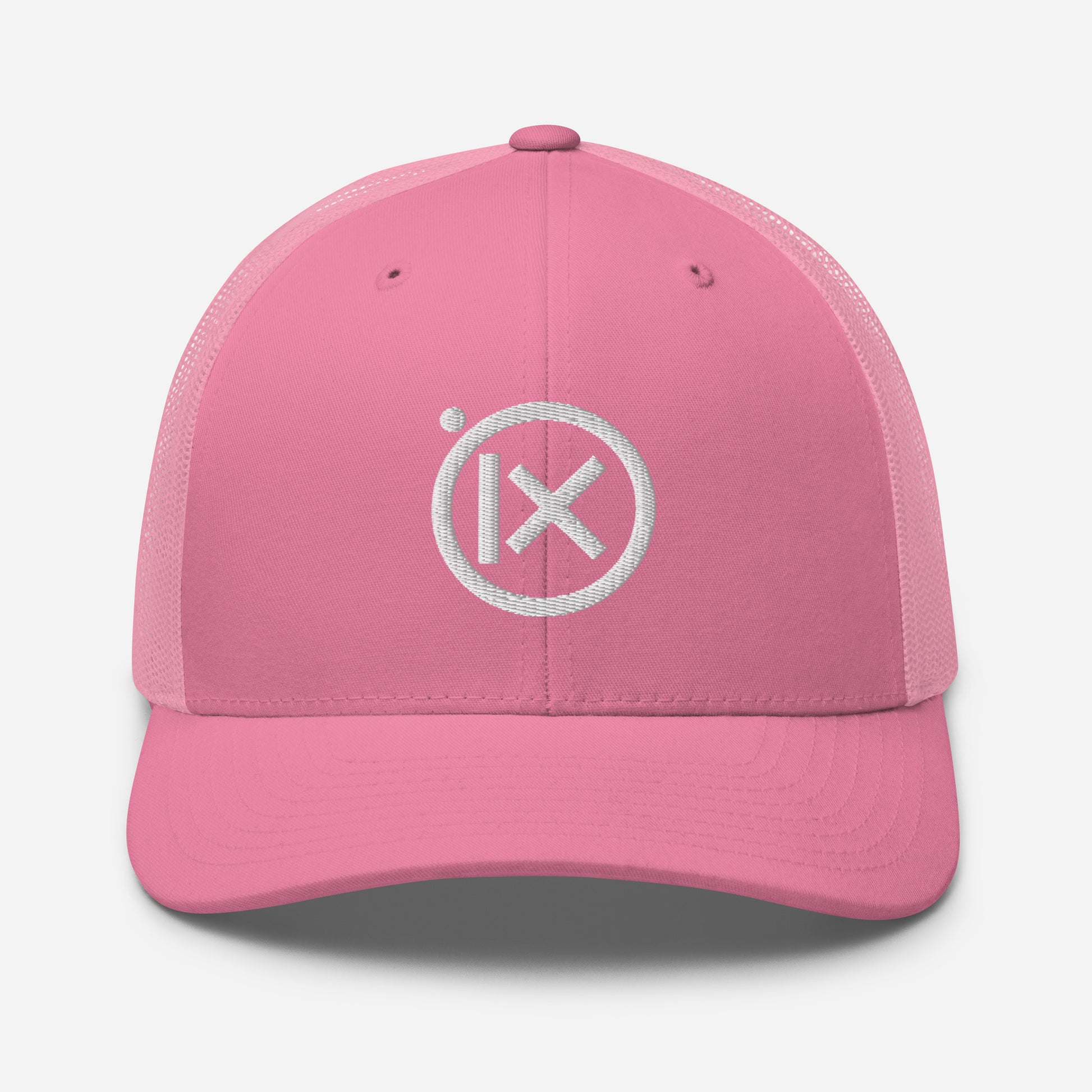 Pink trucker snapback cap with mesh back and white circular X logo on front