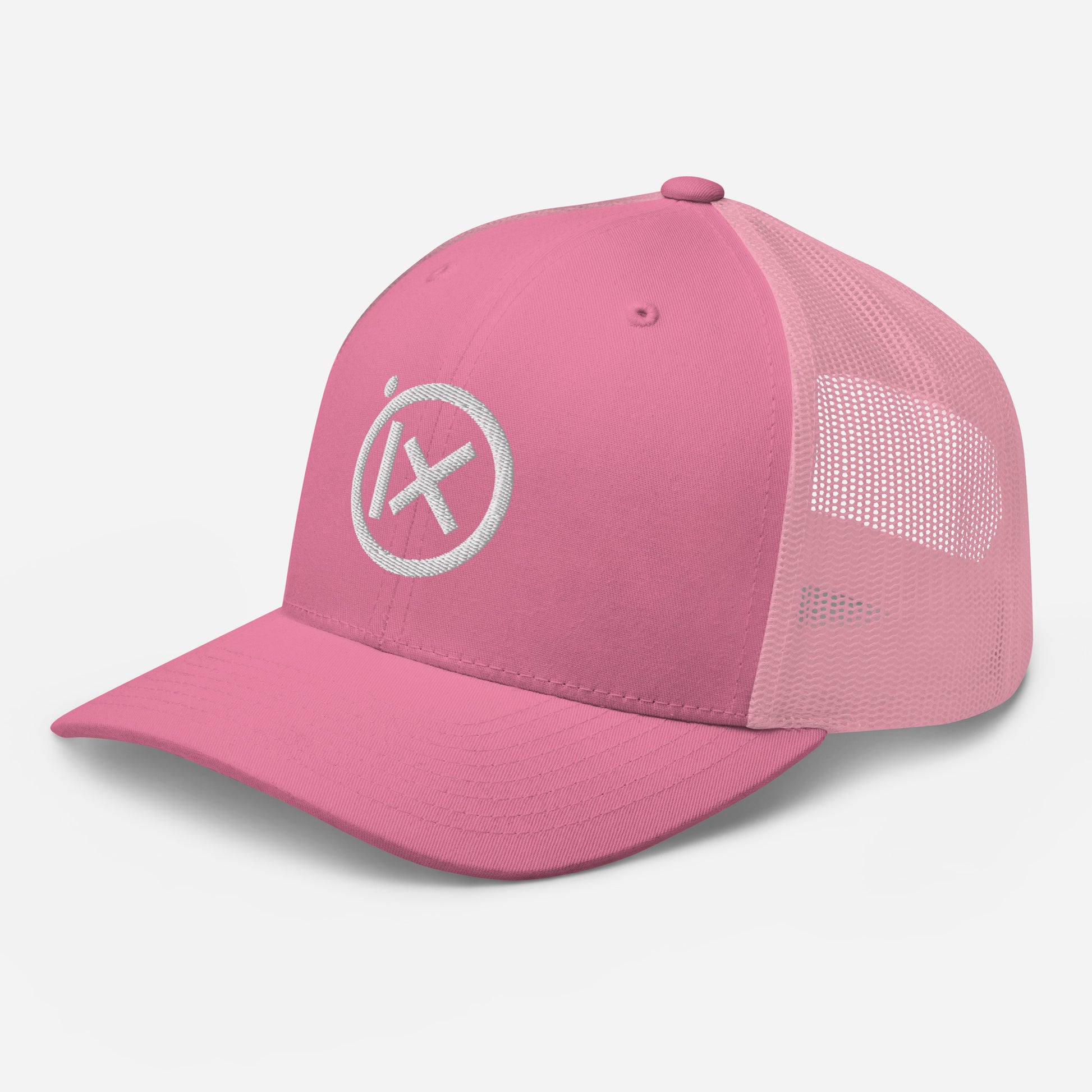 Pink trucker snapback cap with mesh side panel and white circular X logo