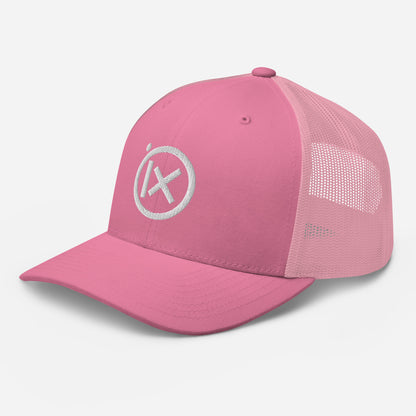 Pink trucker snapback cap with mesh side panel and white circular X logo