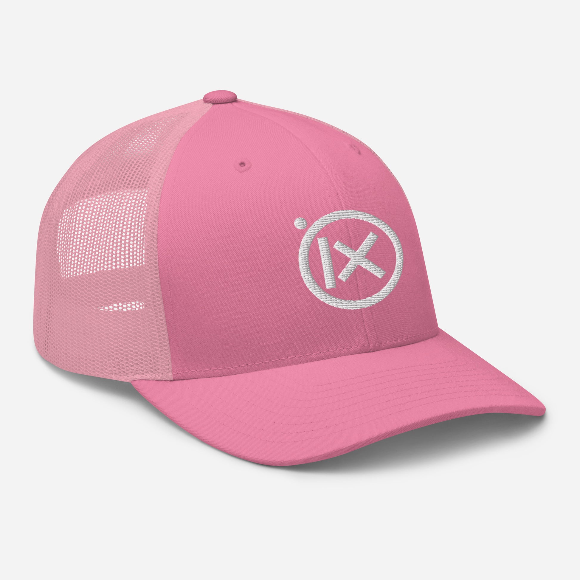 Pink trucker snapback cap with mesh back and white circular X logo on front