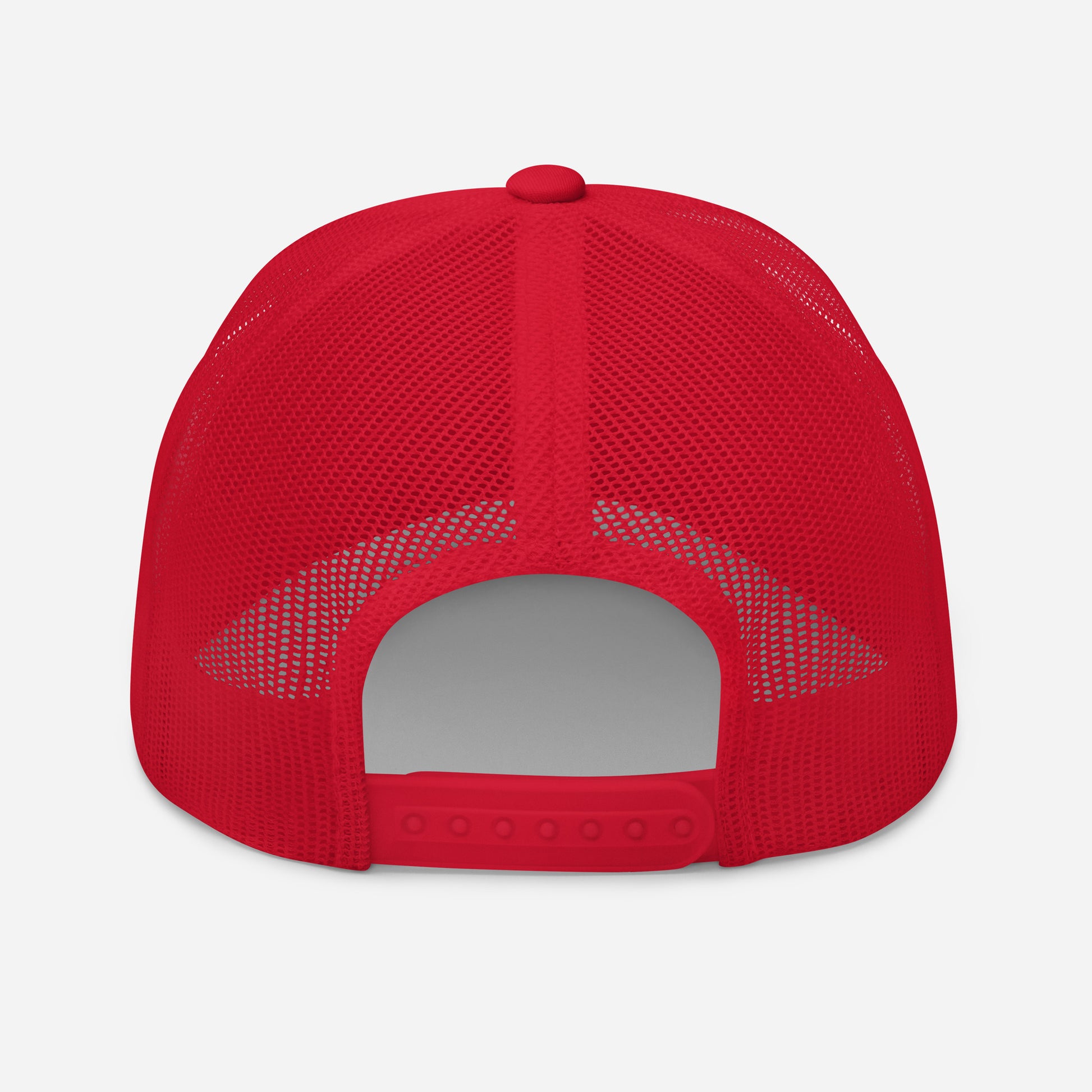 Red trucker snapback cap with mesh back and open front panel with adjustable strap
