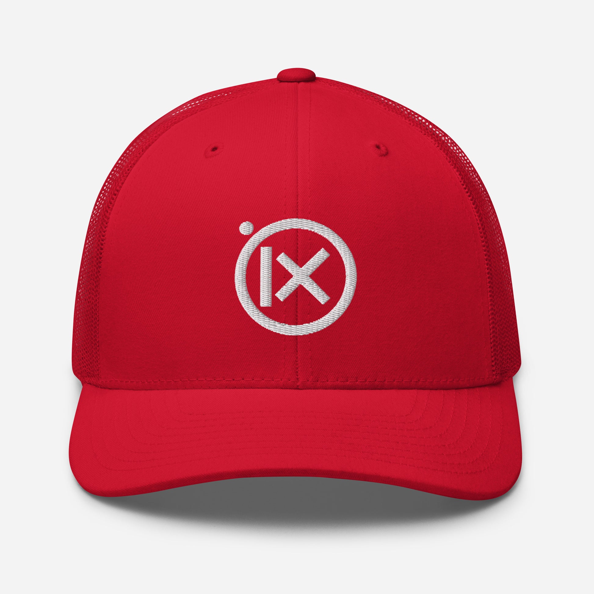 Red trucker snapback cap with circular iX logo on front