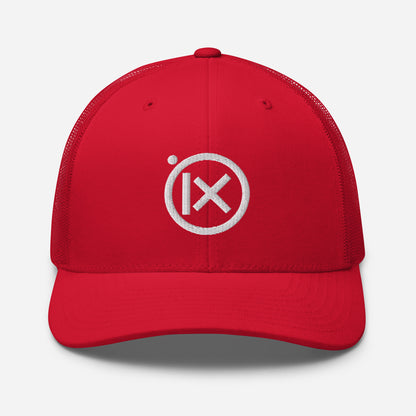 Red trucker snapback cap with circular iX logo on front