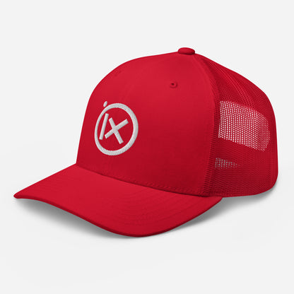 Red trucker snapback cap with circular iX logo and right mesh side panel