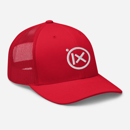Red trucker snapback cap with circular iX logo and mesh side panel