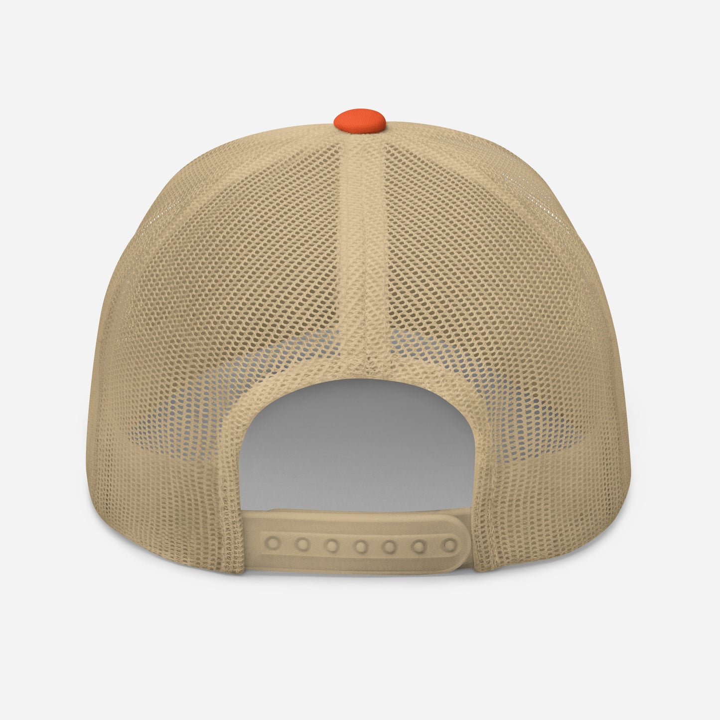 Tan trucker snapback cap with orange top button and mesh back panels
