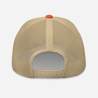 Tan trucker snapback cap with orange top button and mesh back panels