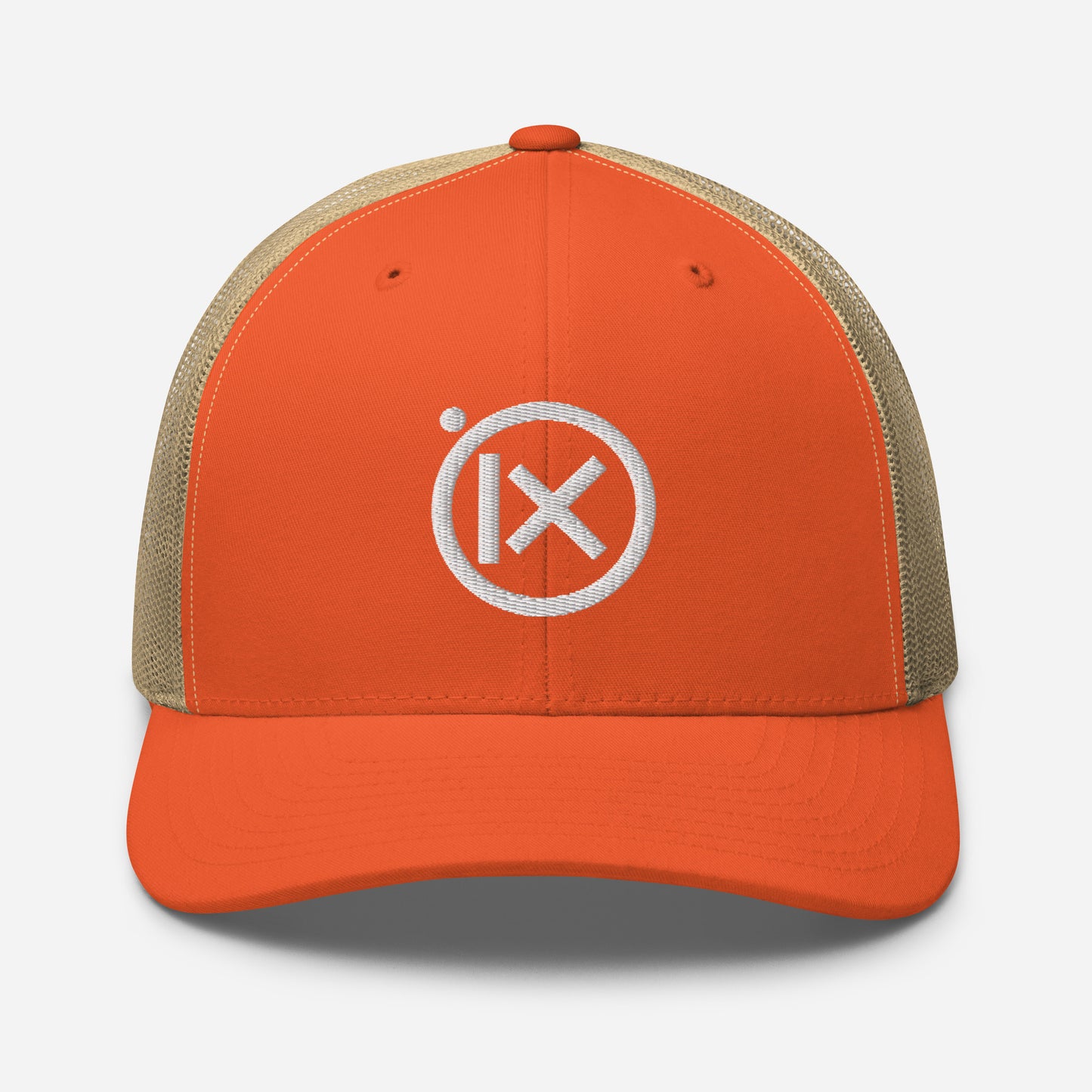 Orange trucker snapback cap with circular iX logo and tan mesh side panels