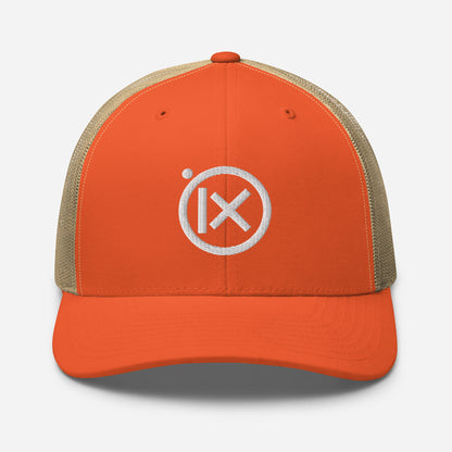Orange trucker snapback cap with circular iX logo and tan mesh side panels