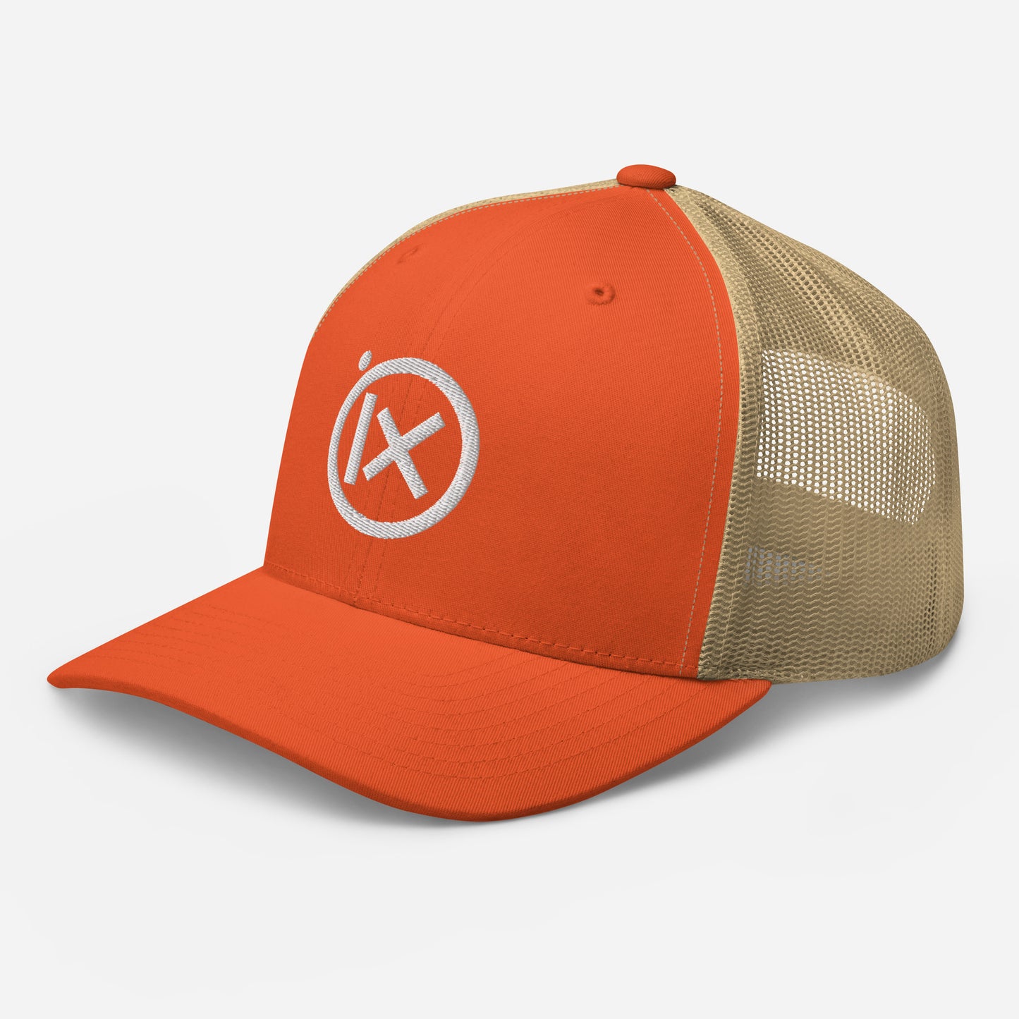 Orange trucker snapback cap with circular iX logo and tan mesh right side panel