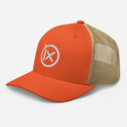 Orange trucker snapback cap with circular iX logo and tan mesh right side panel
