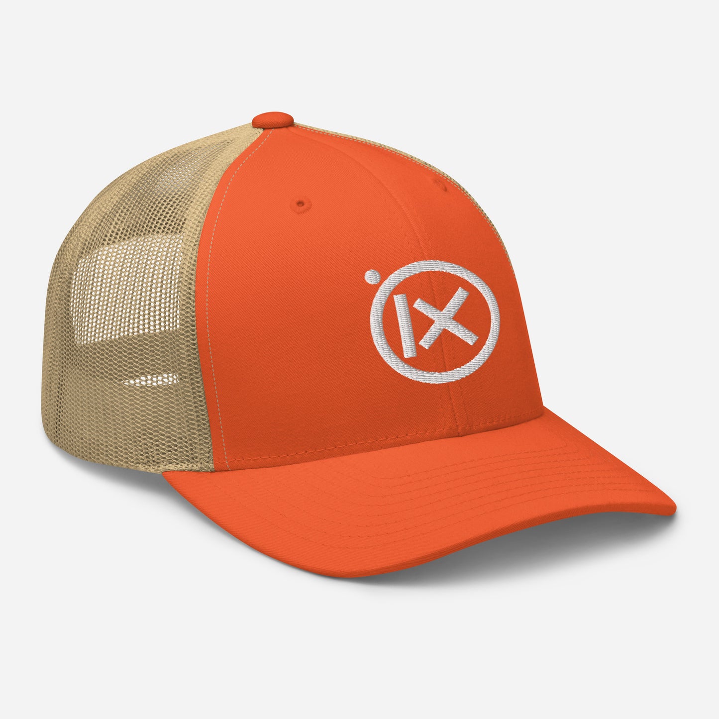 Trucker snapback cap with orange front panel, tan mesh sides, and white logo patch