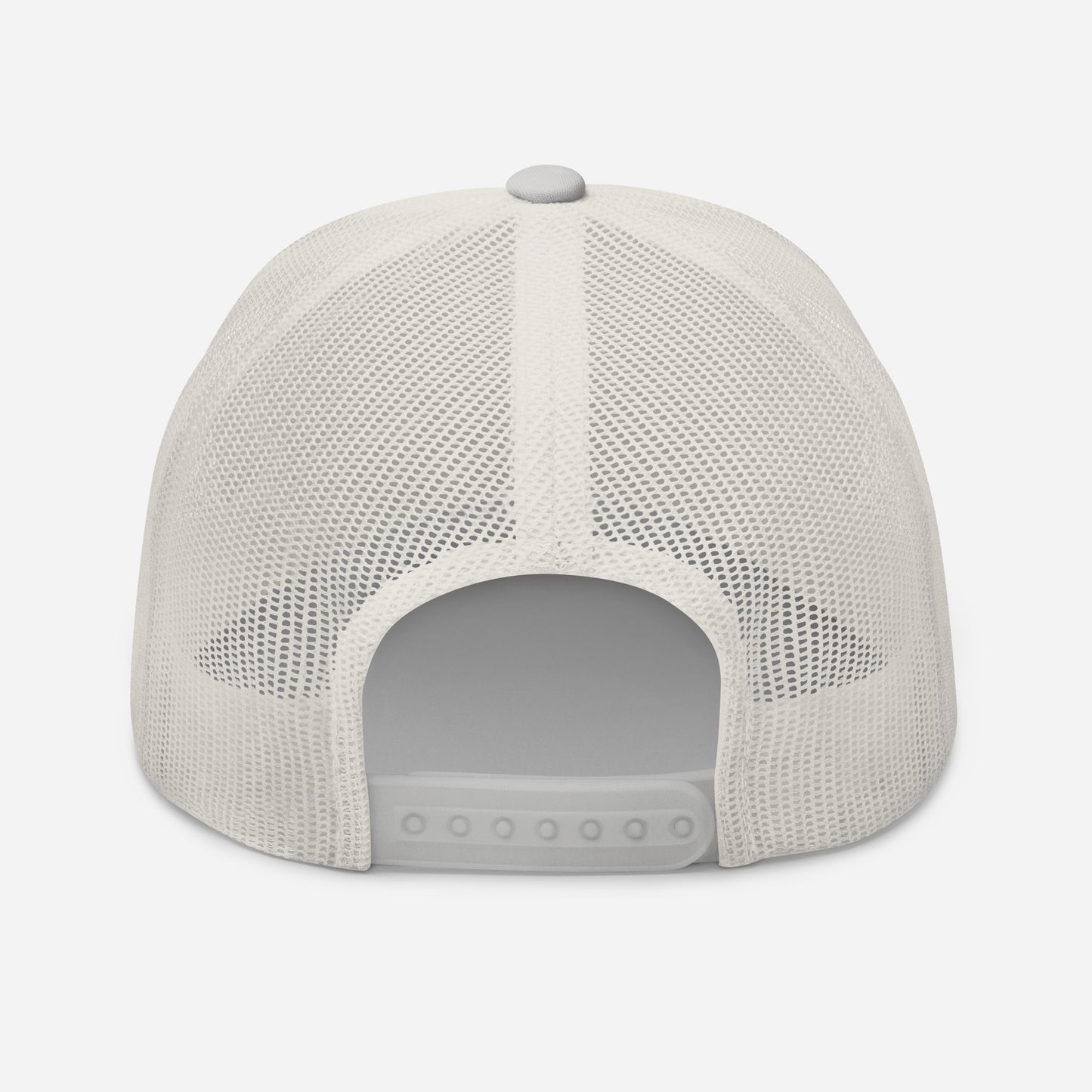 Trucker snapback cap with white mesh back and light-colored brim, front opening visible.