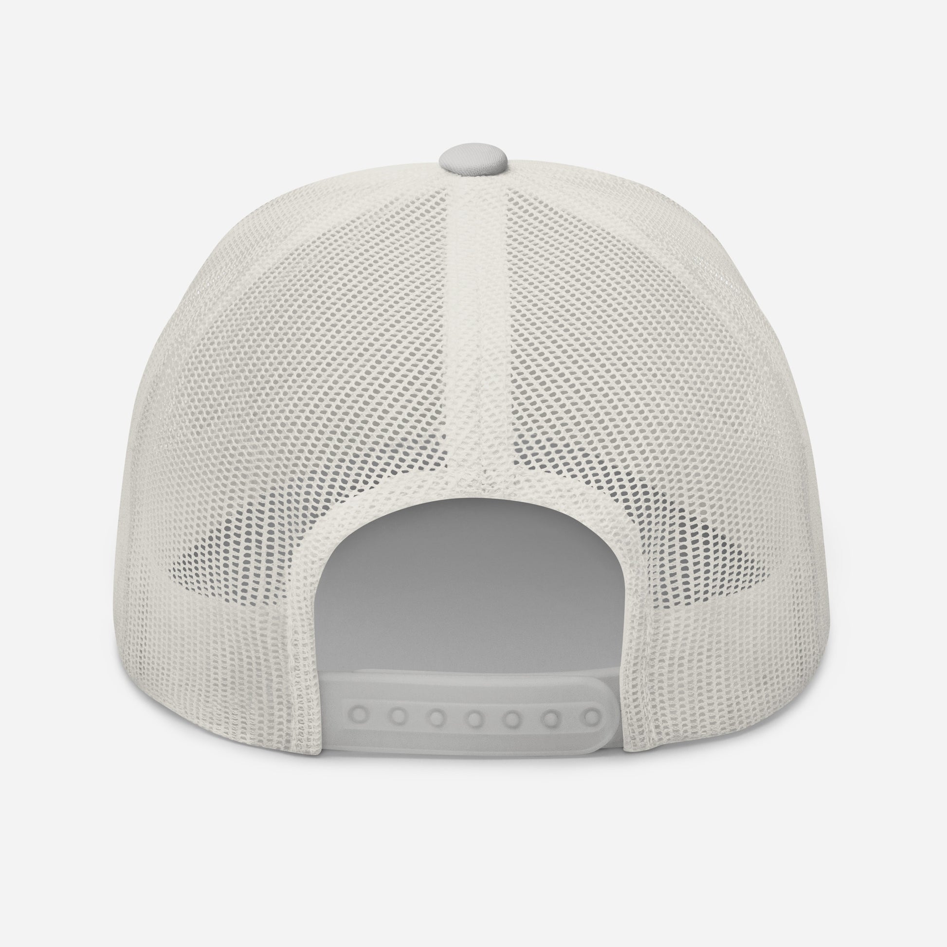 Trucker snapback cap with white mesh back and light-colored brim, front opening visible.