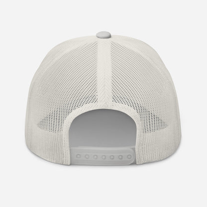 Trucker snapback cap with white mesh back and light-colored brim, front opening visible.