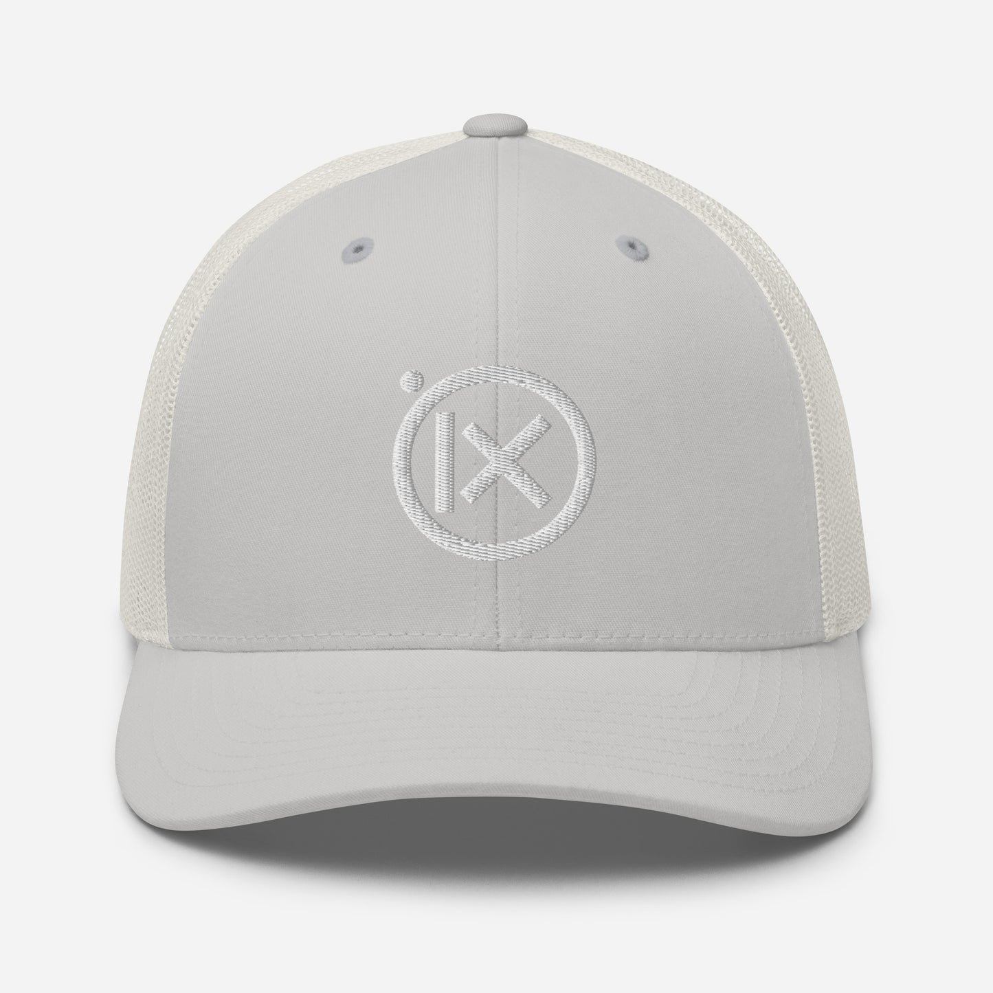 Trucker snapback cap, light crown and white mesh back, circular white logo